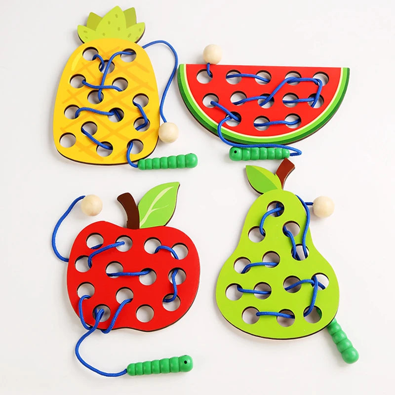 Jeu de Laçage Fruits Montessori – Motricité Fine en Bois