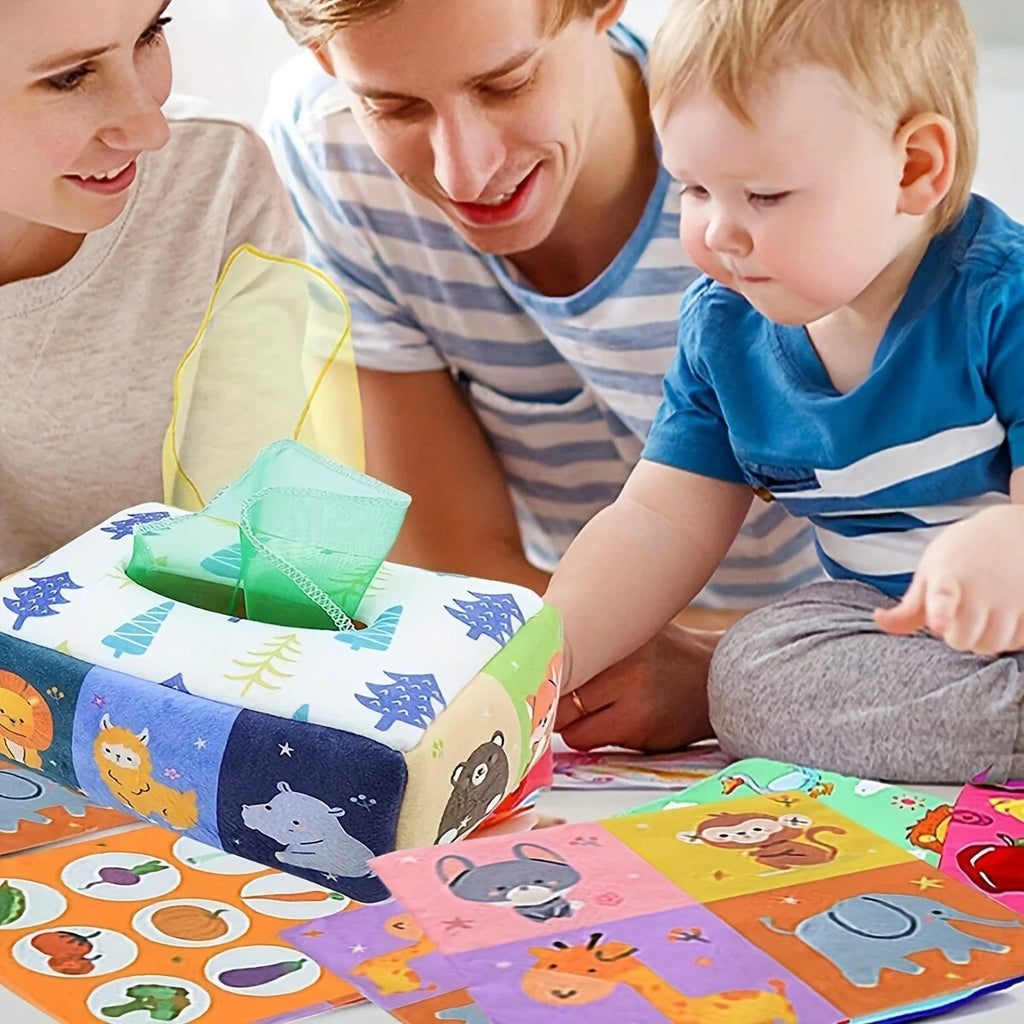 Boîte à mouchoirs sensorielle Montessori - bébé tirant les tissus