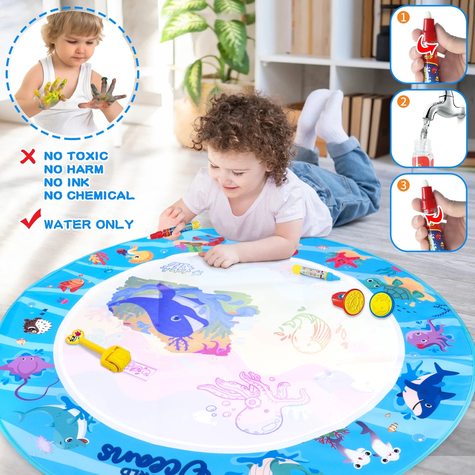 Tapis de Dessin Magique à l'Eau – Stylos Réutilisables Montessori