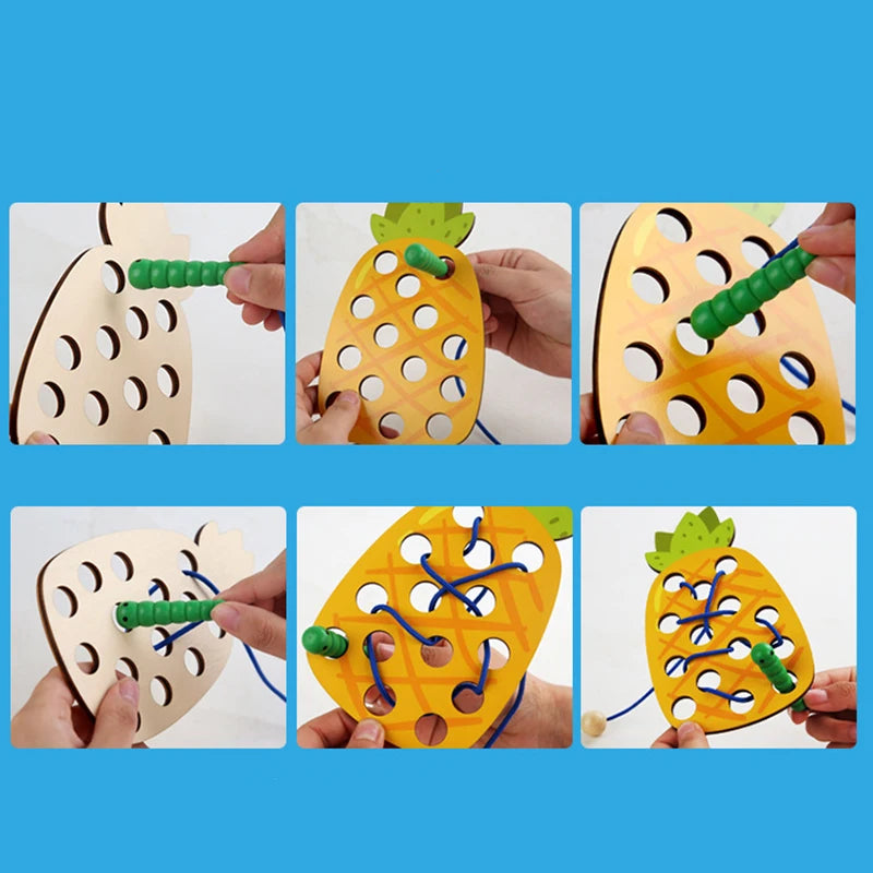 Jeu de Laçage Fruits Montessori – Motricité Fine en Bois
